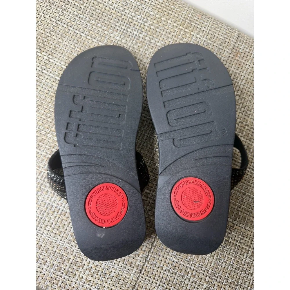 FitFlop Women's US 7 Luxe Rhinestone Sandals Black Thong Wedge Flip Flop